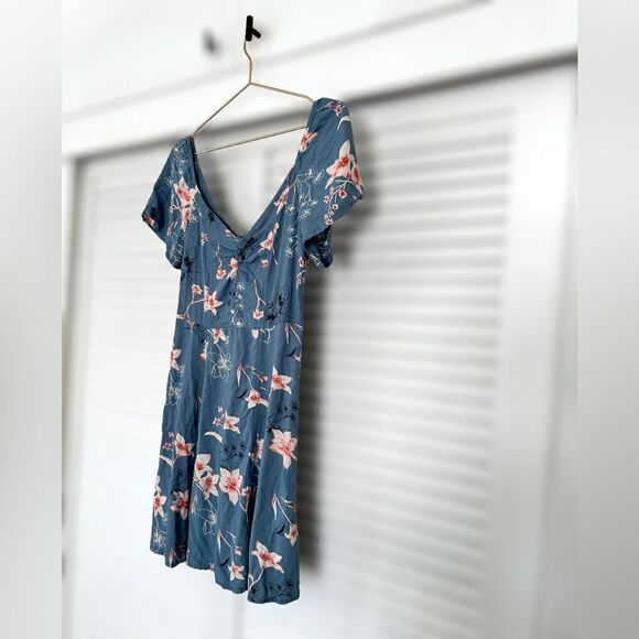Roxy Shoulder Shimmy Sweetheart Floral Palm Print Mini Dress In Blue lSize M - Picture 4 of 16